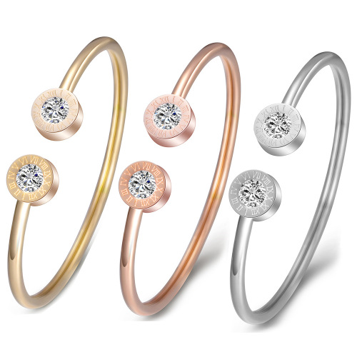 Manufacturer wholesale European and American titanium steel Roman numeral bracelet opening adjustment women's stainless steel bracelet C-shaped diamond bracelet