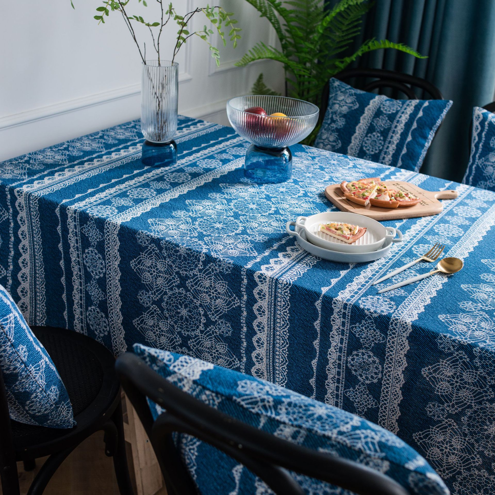 复古蓝色蕾丝印花桌布棉麻餐桌布野餐布白纸背景布咖啡店民宿