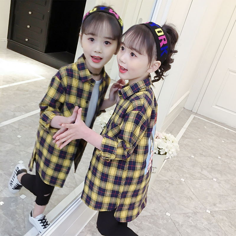 童衬衫2019春季新品童装韩版女童格子衬衫儿童后背印花女孩中长款