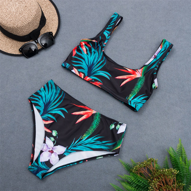 leaf printing high waist split bikini  NSHL44022