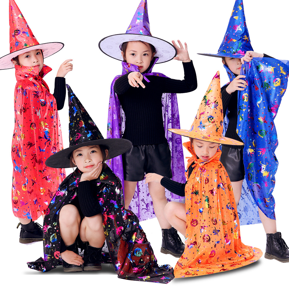 Nuevo capas de Halloween para niños cosplay magia bruja sombrero capas de jardín de infantes espectáculo vestuario