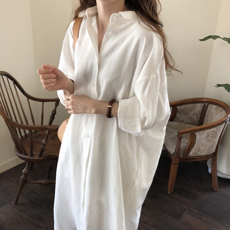 Long Shirt Dress 2026 Spring New Korean Style Loose Casual Cotton Linen Shirt Over-The-Knee Extra-Long White Shirt for Women Long Shirt Dress 2026 Spring New Korean Style Loose Casual Cotton Linen Shirt Over-The-Knee Extra-Long White Shirt for Women