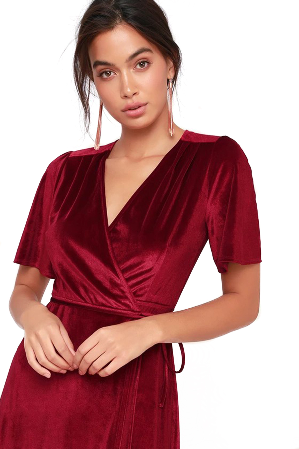 Women Clothing V-neck Dress Velvet Cardigan Lace-up Irregular Asymmetric Dress