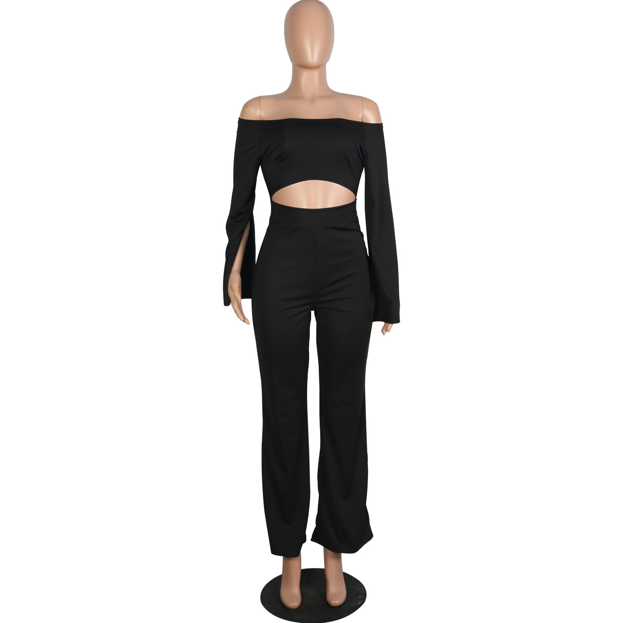 Boutique Casual Solid Color Long Sleeves Cropped off Shoulder Jumpsuit