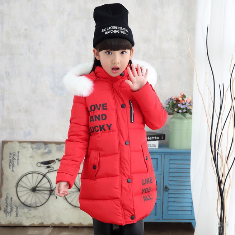 Cross border children's clothing foreign trade winter 2022 winter letter large wool collar hooded girls' cotton padded jacket thickened middle and large children's cotton padded jacket