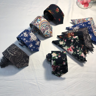 廠家批發2019年棉質印花領帶領結口袋巾三件套套裝