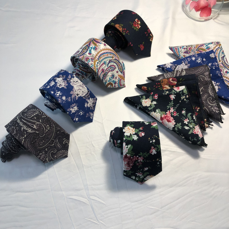 廠家批發2019年棉質印花領帶領結口袋巾三件套套裝