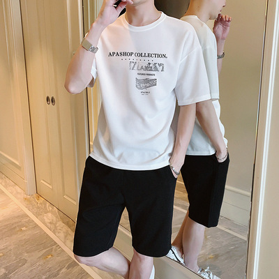 2019新款男士短袖T恤韩版潮流休闲运动夏季潮牌短袖短裤套装|ms