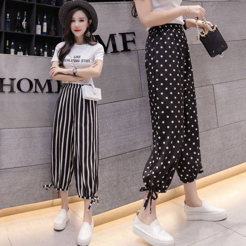 2019夏装新款高腰雪纺哈伦九分裤女宽松休闲德芙裤束脚萝卜灯笼裤