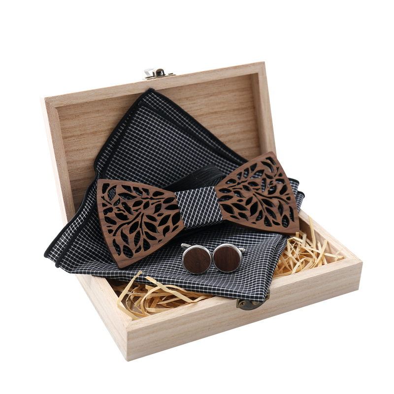 2019新款镂空木质领结 木头手工领带结 跨境袖扣胸花方巾套装|ms