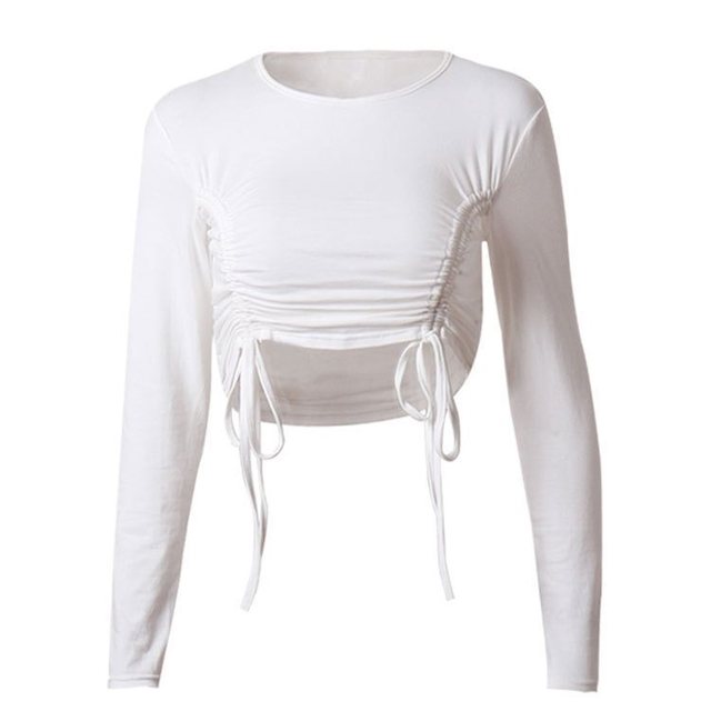 European and American long sleeve solid color T-shirt tight open navel sexy women’s short top