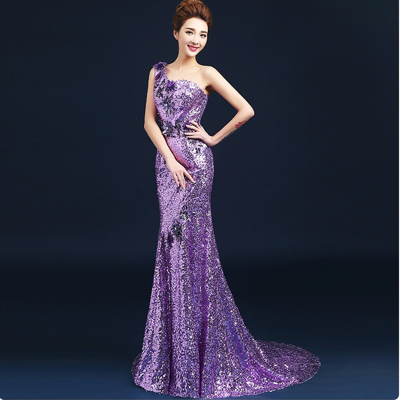 Purple Long Evening Dress for Annual Banquet 2026, Sexy One-Shoulder Slim Fit Floral Sequin Performance Host Mermaid Dress