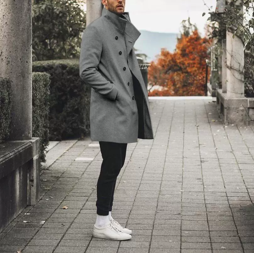 Модный длинный шерстяной тренч, европейский стиль, slim fit, средняя длина