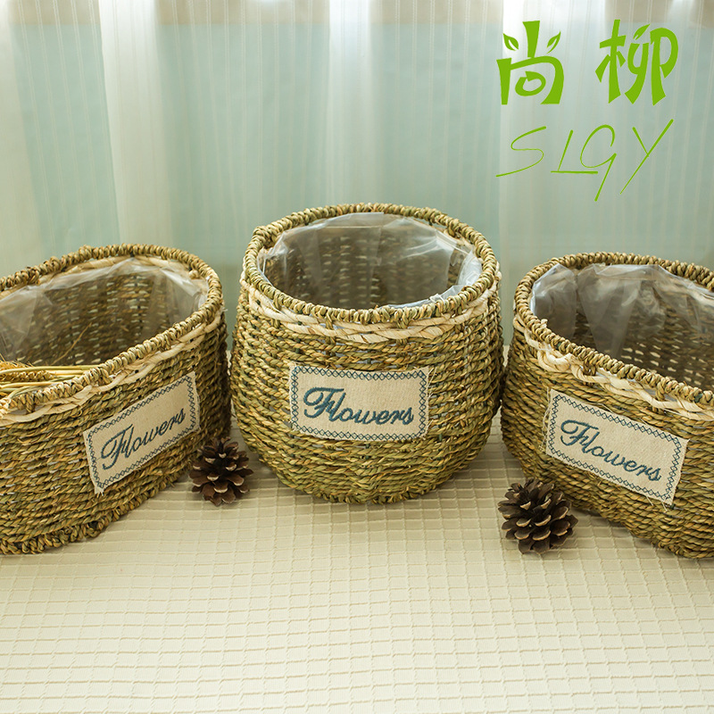 临沂柳编工厂草编花篮柳编花篮手提草编花盆防水膜家居装饰促销|ru