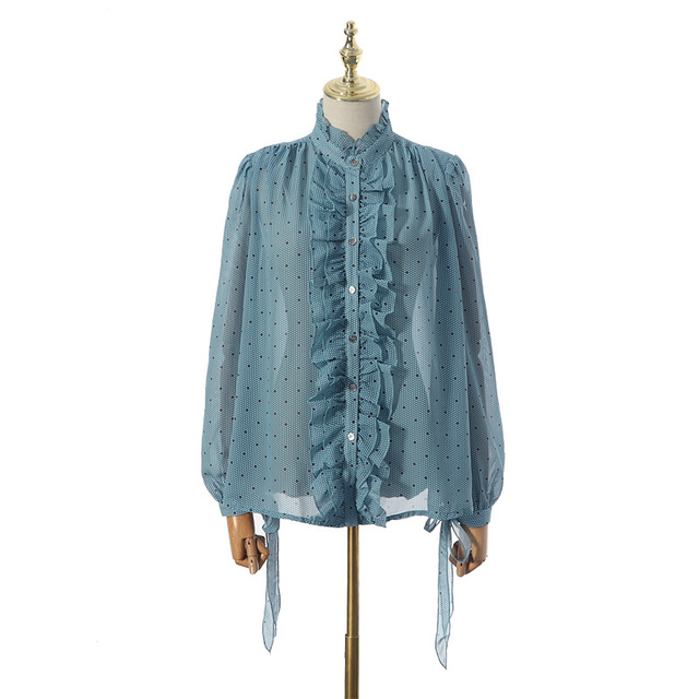 New Blue Point Tie Chiffon Blouse Long Sleeves Spring and Summer 