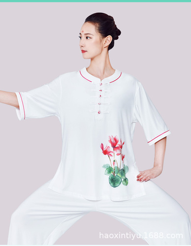 Short sleeves kung fu tai chi clothing for women wu shu uniforms half sleeve printed Taiquan training suit