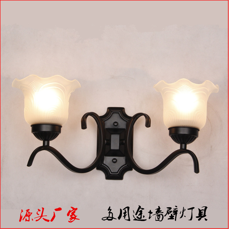 厂家直销 简约欧式壁灯 铁艺灯具批发床头灯双头黑色玻璃灯