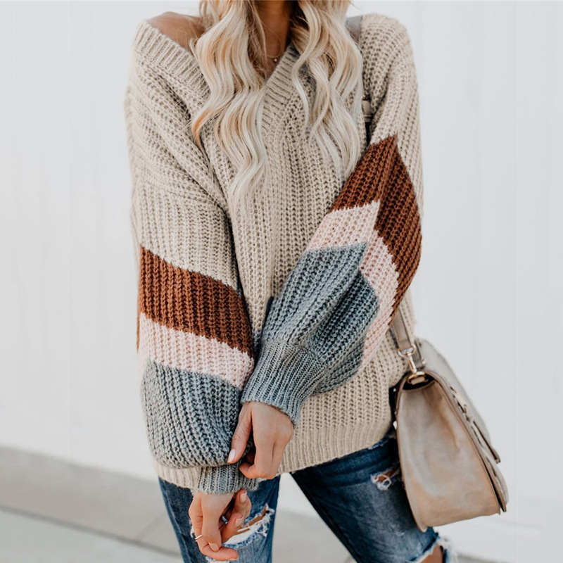 autumn V-neck lantern sleeve striped color-blocking sweater nihaostyles wholesale clothing NSLGY97524