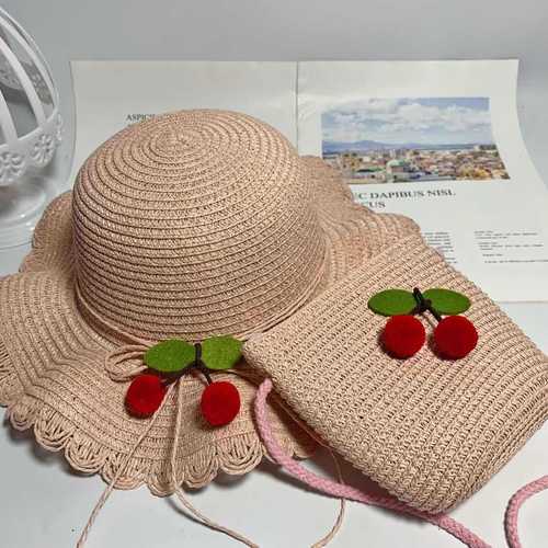 New Children's Fruit Cherry Straw Hat Summer Baby Girl Crossbody Bag Travel Cute Princess Hat Children's Straw Bag