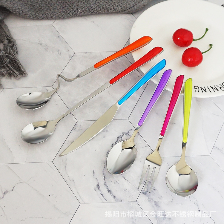 Rainbow Plastic Handle Knife, Fork and Spoon Set Stainless Steel Tableware Red Handle Multi-color Steak Knife Spoon and Fork Set Rainbow Plastic Handle Knife, Fork and Spoon Set Stainless Steel Tableware Red Handle Multi-color Steak Knife Spoon and Fork Set