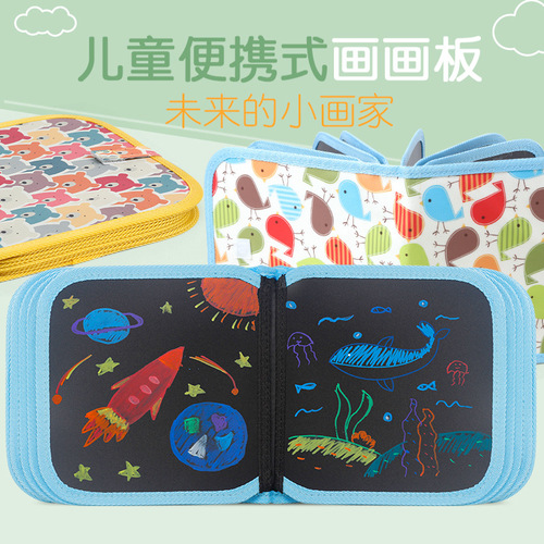 Portable Children's Drawing Book with Blackboard Design: Reusable, Smudge-Free, and Perfect for Chalk, Watercolor, and Markers