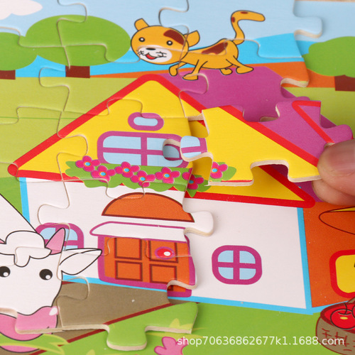 96-piece wooden puzzle with log frame, children's animal cartoon plane puzzle, early education and environmentally friendly wooden toys