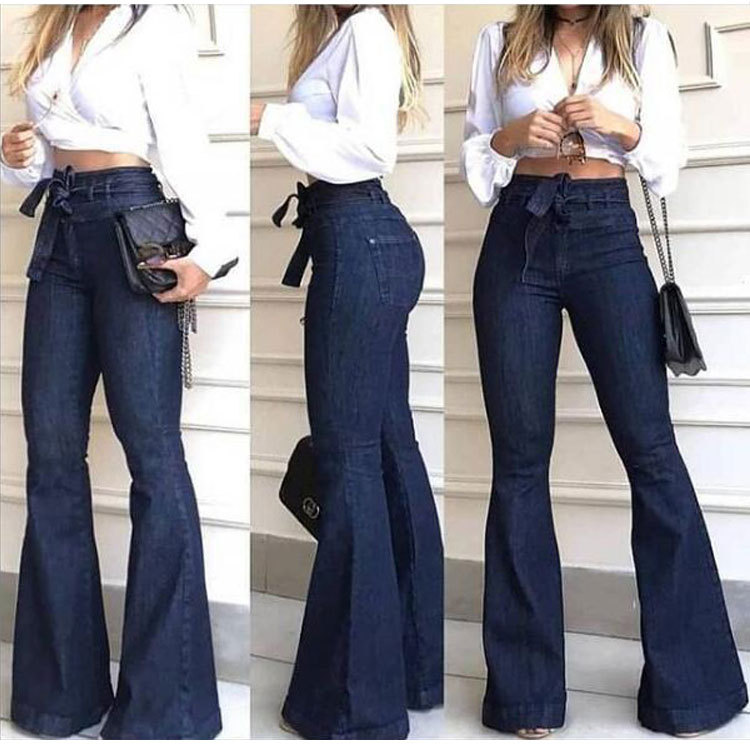 High Waist Micro-Elastic Lace-Up Flared Wide-Leg Jeans NSWL63933