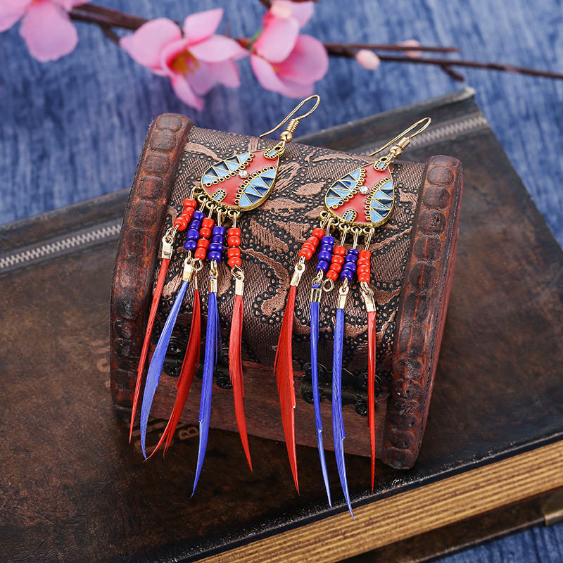 Goutte D&#39;eau Vintage Couleur Assortie Perles Miyuki Longues Boucles D&#39;oreilles Plumes Gland En Gros display picture 4