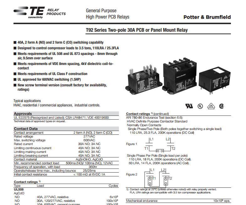 现货TE/T92P7D12-12/6-1393211-5继电器RELAY GEN 30A原装正品