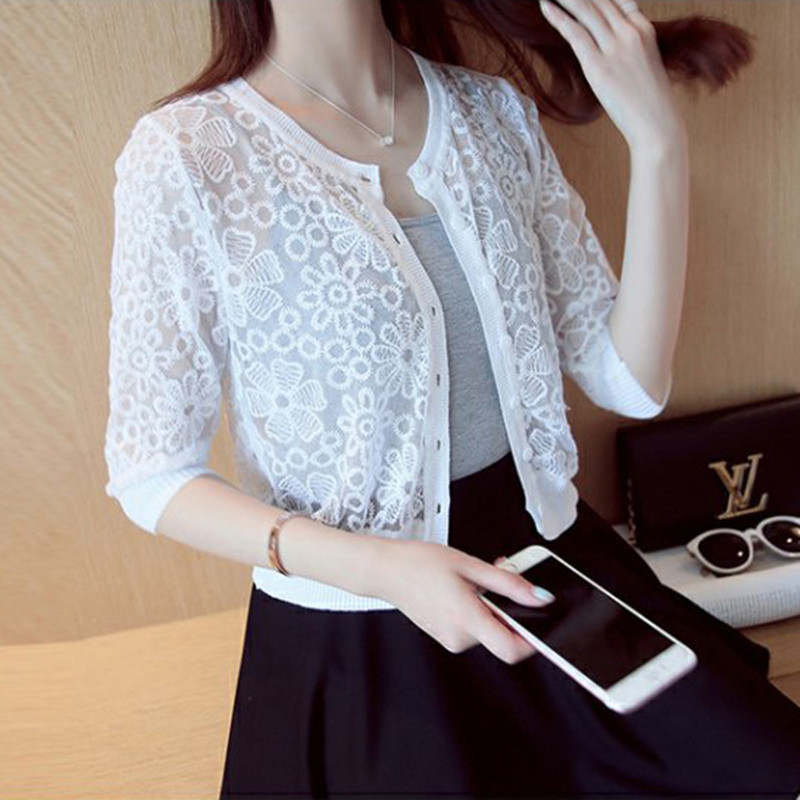 Short lace cardigan female sweater summer thin section seven-point sleeve slim solid color low round neck air conditioning shirt coat