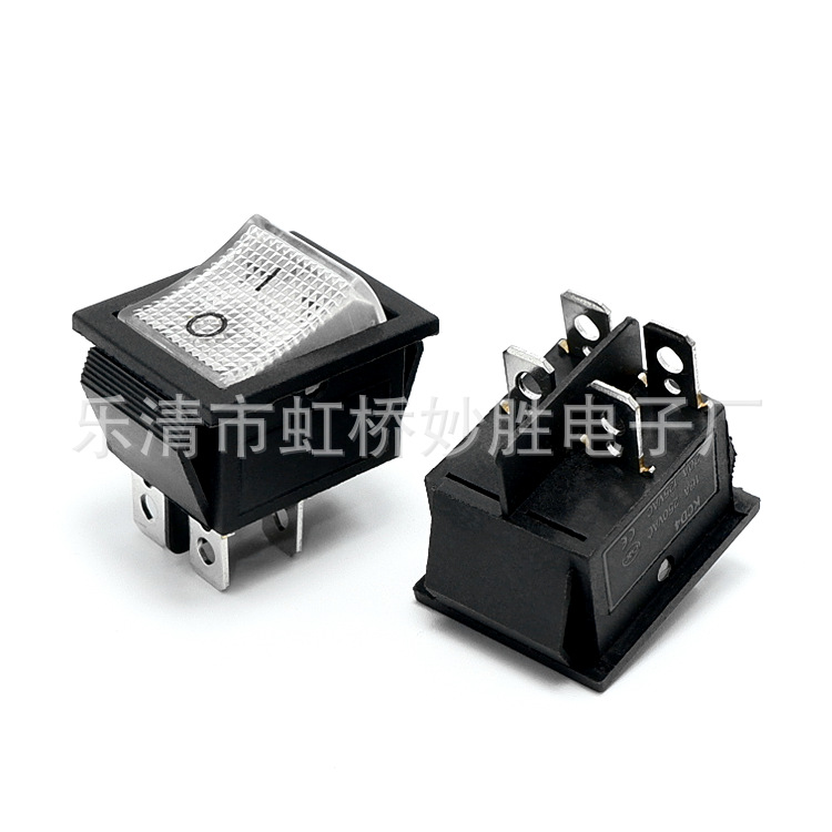 船型开关KCD4翘板船形开关250V电源开关银触点 4脚2档白盖带灯铜