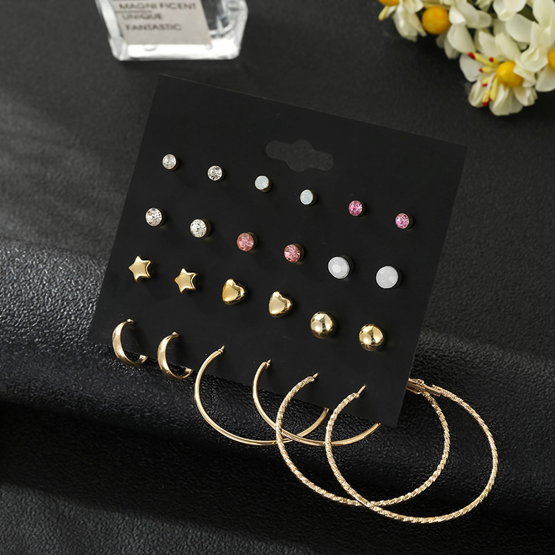 12 Pairs Of Korean Five-pointed Star Gold-plated Love Earrings Simple Earrings Set display picture 2