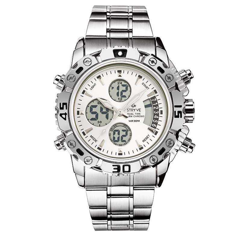 STRYVE multi-funcional de los hombres de acero inoxidable de doble movimiento reloj electrónico impermeable casual de sincronización reloj luminoso S8018