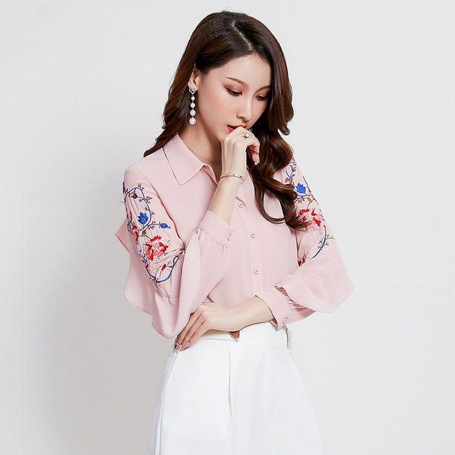 Autumn New Embroidered Lotus Edge Chiffon Shirt