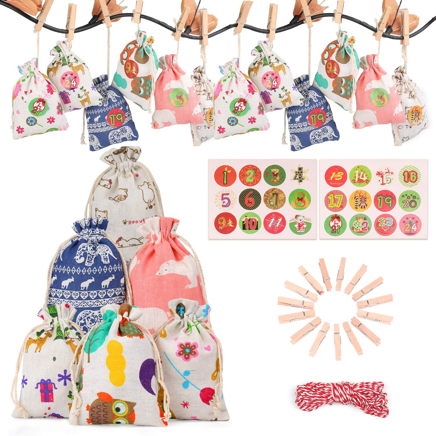 圣诞麻布礼品束口袋 24数字贴纸倒计时降临日日历 抽绳礼物袋现货