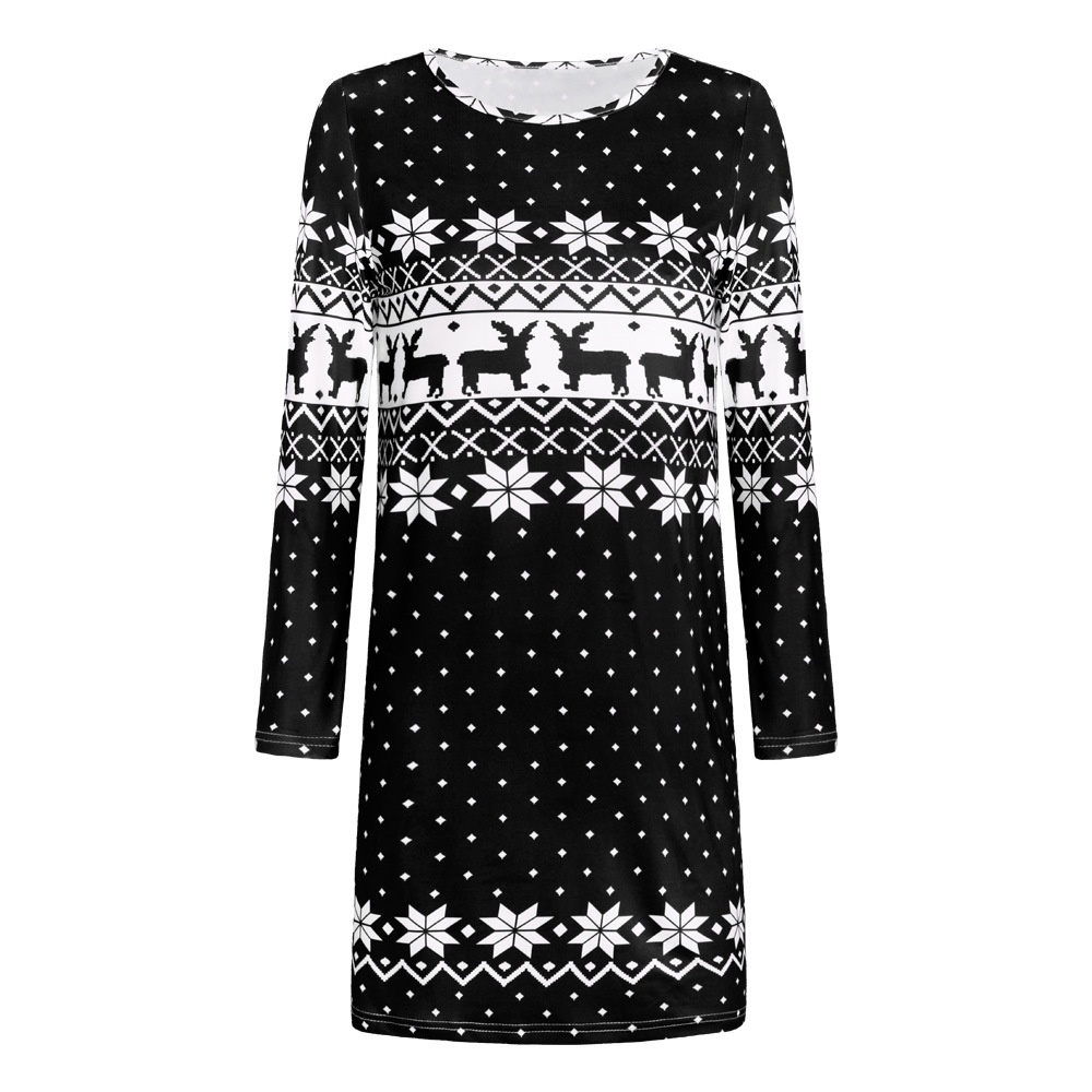 women s Christmas print round neck long sleeve dress nihaostyles clothing wholesale NSHYG72682