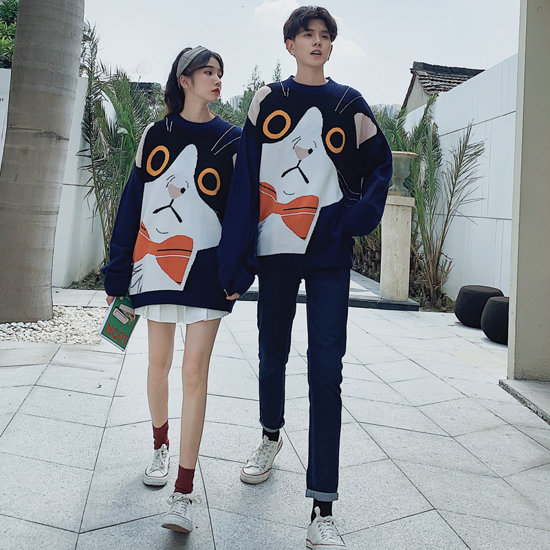 Men's Wool Sweater With Cat Pattern Round Neck Couple Knit Top_voghion.com