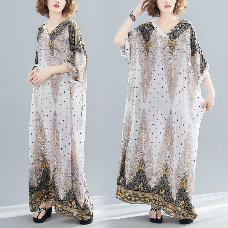 2019 Summer New Bohemian Vacation Dress Artistic Large Size Loose Slim Looking Maxi Dress IF9307
