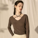 普莱雅欧美2021初秋优雅<font red=H>女</font>装时尚交叉V领挂脖长袖<font red=H>女式</font><font red=H>针织</font><font red=H>衫</font>上衣