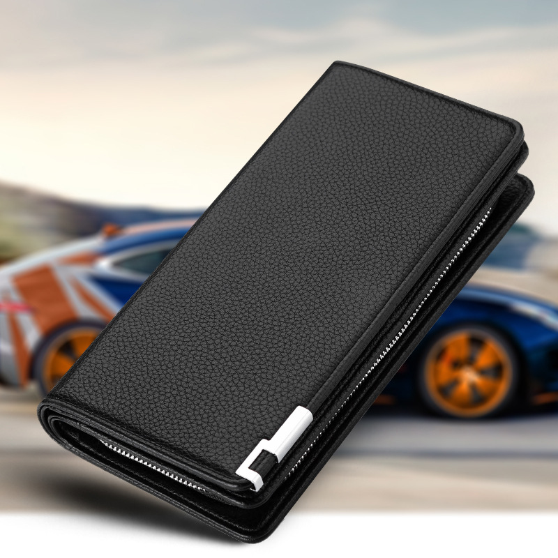 欧美新款简约男士长款荔枝纹钱包 软皮多卡位手腕带可拆卸零钱包