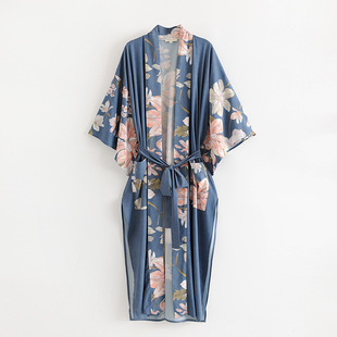 2020 European and American style spring and summer women's clothing new wholesale mid-length blue peacock kimono jacket
