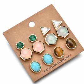 时尚韩国热销新款可爱甜美猫眼石套装耳钉几何椭圆多边形六件套