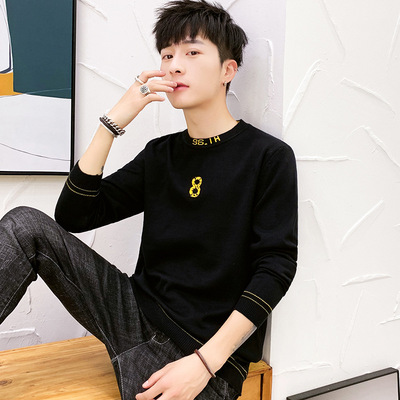 2019新款秋冬季圓領毛衣男套頭修身韓版中學生潮流男士薄款針織衫