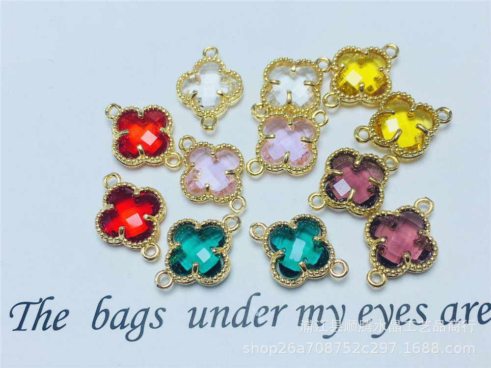 铜包边稀土玻璃 12MM四叶草纯铜镀金耳环吊坠手链DIY饰品配件材