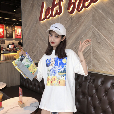 6535棉2019夏装新款韩版宽松女装中长款卡通印花圆领短袖t恤女