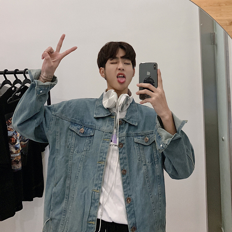 夹克男 2019春季新款牛仔外套 休闲宽松港风水洗百搭男潮夹克