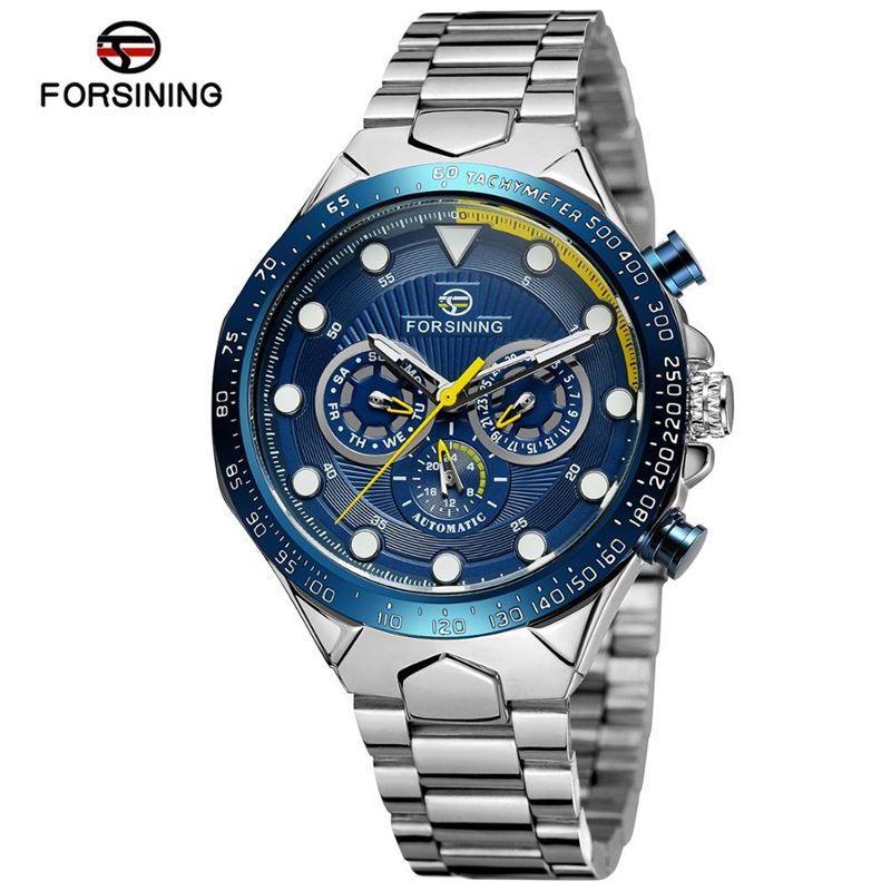FORSINING fusini hombres moda correa de acero reloj mecánico automático reloj impermeable luminoso de seis pines 432