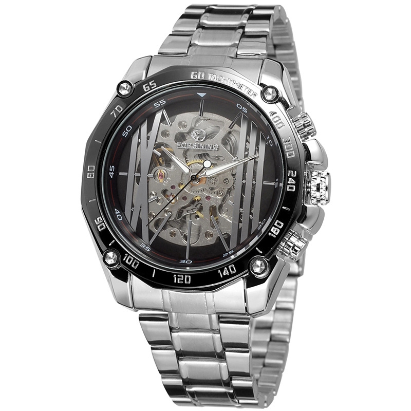 Forsining Fusini hombres de moda reloj mecánico automático hueco-fuera transparente inferior acero cinturón reloj mecánico 427