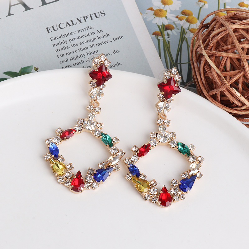 Diamond Geometrical Earrings Colorful Earrings Vintage Color Crystal Stud Earrings display picture 5