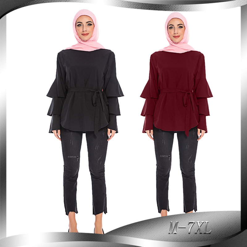 New Style Real Shot Women's Loose-Fitting Turkish Bell-Sleeve Solid Color Simple Plus-Size Shirt Top 2028